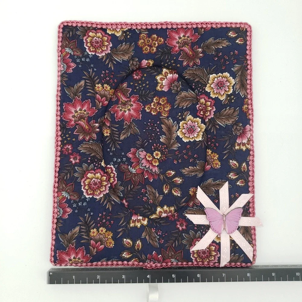 Vintage Floral Padded Fabric Photo Frame Pink Crochet Trim Butterfly Cottagecore